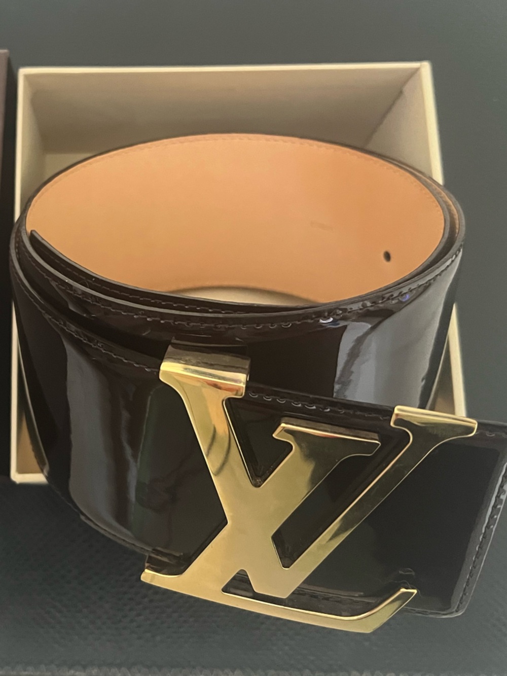 Louis Vuitton Dark Burgundy Patent Belt with Gold LV Initial Buckle
